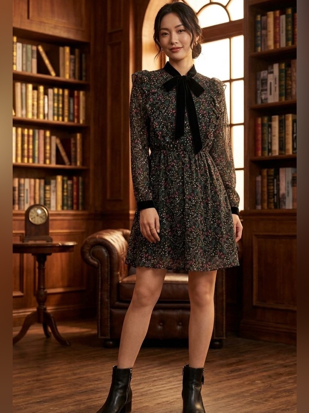 Zara short floral dress with a velvet bow